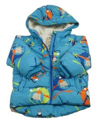 Modrá prošívaná šusťáková zimní bunda s vrtulníky a pejsky a opičkami a kapucí Next