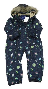 Tmavomodrá prošívaná šusťáková funkční zimní kombinéza s Peppa Pig a planetami a raketami a kapucí s kožešinou REGATTA