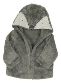Šedá chlupatá podšitá bunda s kapucí s oušky Mothercare