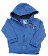 Modrá melírovaná propínací mikina s nápisy a hvězdičkami a kapucí lupilu