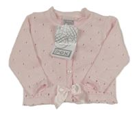 Nové - světlerůžový perforovaný propínací svetr s mašlí Pex