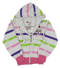 Bílo-pruhovano-růžová propínací teplá mikina s Kitty a kapucí