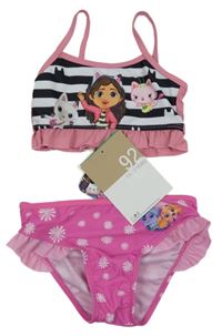 Nové - 2Set - Tmavorůžové plavkové kalhotky s PAW PATROL a volánky + růžovo/černo/bílá plavková lambáda - Gábinin kouzelný domek