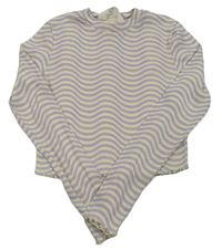 Krémovo-lila vzorované žebrované crop triko H&M