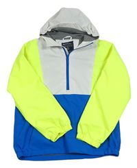 Bílo-modro-neonově žlutá šusťáková podzimní funkční bunda s kapucí Mountain Warehouse
