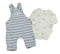2set - Světlemodro-modré pruhované laclové tepláky s liškou + bílé body s medvědy a liškami Mothercare