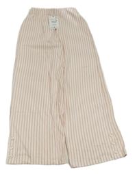 Nové - Smetanovo-růžové pruhované teplákové wide leg kalhoty Zara