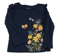 Tmavomodré triko s květy a volánky C&A