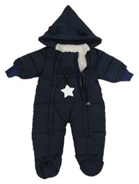 Tmavomodrá šusťáková zimní kombinéza s hvězdou a kapucí