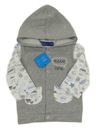 Nové - Šedo-bílá propínací mikina s obrázky a kapucí