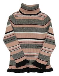 Starorůžovo-černo-bílý třpytivý pruhovaný žebrovaný svetrový rolák Primark