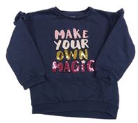 Tmavomodrá mikina s nápisem z flitrů a volánky F&F