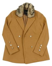 Hnědý flaušový podšitý kabát s kožešinou River Island