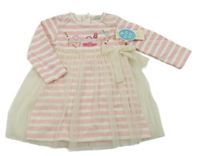 Nové - Smetanovo-růžové pruhované teplákovo/tylové šaty s obrázky