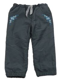 Tmavošedé šusťákové zateplené kalhoty s výšivkami květů Topomini