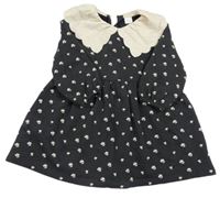 Tmavošedé teplákové květované šaty s límcem