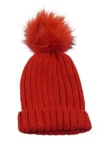 Červená pletená čepice s bambulí 