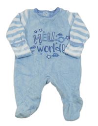 Světlemodrý sametový overal s nápisem a pruhovanými rukávy 