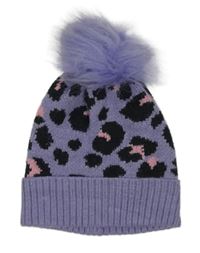 Fialovo-černá leopardí pletená čepice s bambulí M&S
