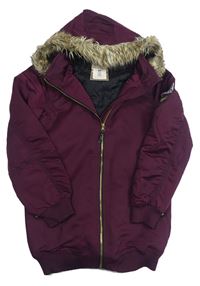 Vínová šusťáková zimní bunda s kapucí s kožešinou H&M