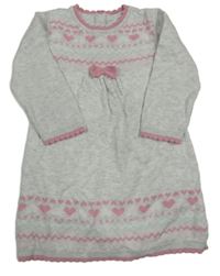 Světlešedo-růžové pletené šaty se srdíčky a mašlí George