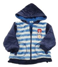 Modro-bílá pruhovaná sametová propínací mikina s autem a kapucí 