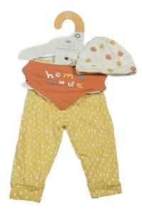 Nové - 3set - Broskvový slinták + hořčicové puntíkaté tepláky + čepice s ovocem Primark