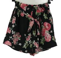 Dámské černo-růžové květované sukňové kraťasy s páskem Shein 