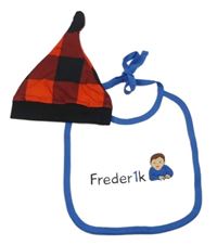 2set- červeno-černá kostkovaná čepice+ bílo-modrý bryndák s panáčkem