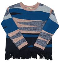 Modro-růžový vzorovaný svetr s třásněmi 