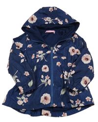 Tmavomodrá květinová šusťáková jarní bunda s kapucí 