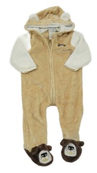 Béžovo-bílá chlupatá kombinéza s medvědem a kapucí 