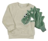 Bílo-zelená chlupatá mikina s dinosaurem