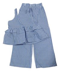 2 set - modro-bílé pruhované lehké wide leg kalhoty + top s volány Shein