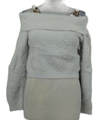 Dámský světlešedý chlupatý crop svetr s volnými rameny 