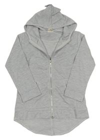 Šedá melírovaná dlouhá propínací lehká mikina s ostny a kapucí 