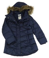 Tmavomodrý prošívaný šusťákový zimní kabát s odepínací kapucí s kožešinou H&M