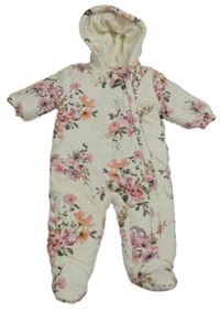 Smetanová manšestrová zimní kombinéza s kytičkami a kapucí Next