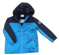 Modro-tmavomodrá šusťáková jarní bunda s dinosaurem a kapucí zn. Topolino 