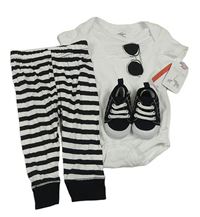3set - Bílé body s brýlemi + pruhované tepláky + černé plátěné capáčky
