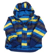 Tmavomodro-modro-žlutá pruhovaná šusťáková zimní bunda s kapucí Lupilu 