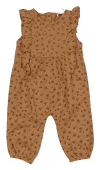 Oranžovobéžové žebrované laclové kalhoty s kytičkami a volánky Zara