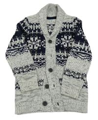 Bílo-tmavomodro-šedý vzorovaný propínací svetr Tu