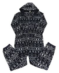 Tmavomodro-bílá vzorovaná plyšová kombinéza s kapucí Yigga 