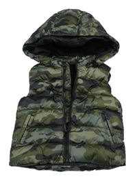 Khaki-šedá army šusťáková prošívaná zateplená vesta s kapucí 