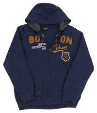 Tmavomodrá propínací mikina s nápisem a kapucí 