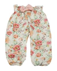 Bílé květované harémové kalhoty s mašlí 