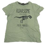 Khaki tričko s kostrou dinosaura a nápisy Kiki&Koko