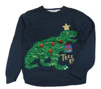 Tmavomodrý svetr s dinosaurem s vánočním motivem zn. H&M