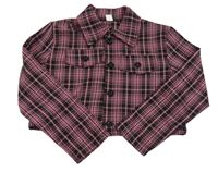 Černo-růžová kostkovaná košilová crop bunda s nápisem a číslem SHEIN